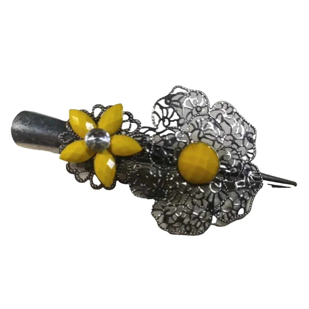 Hair Barrette Alligator Clip Silver Tone Yellow Clear Rhinestone Large Elegant